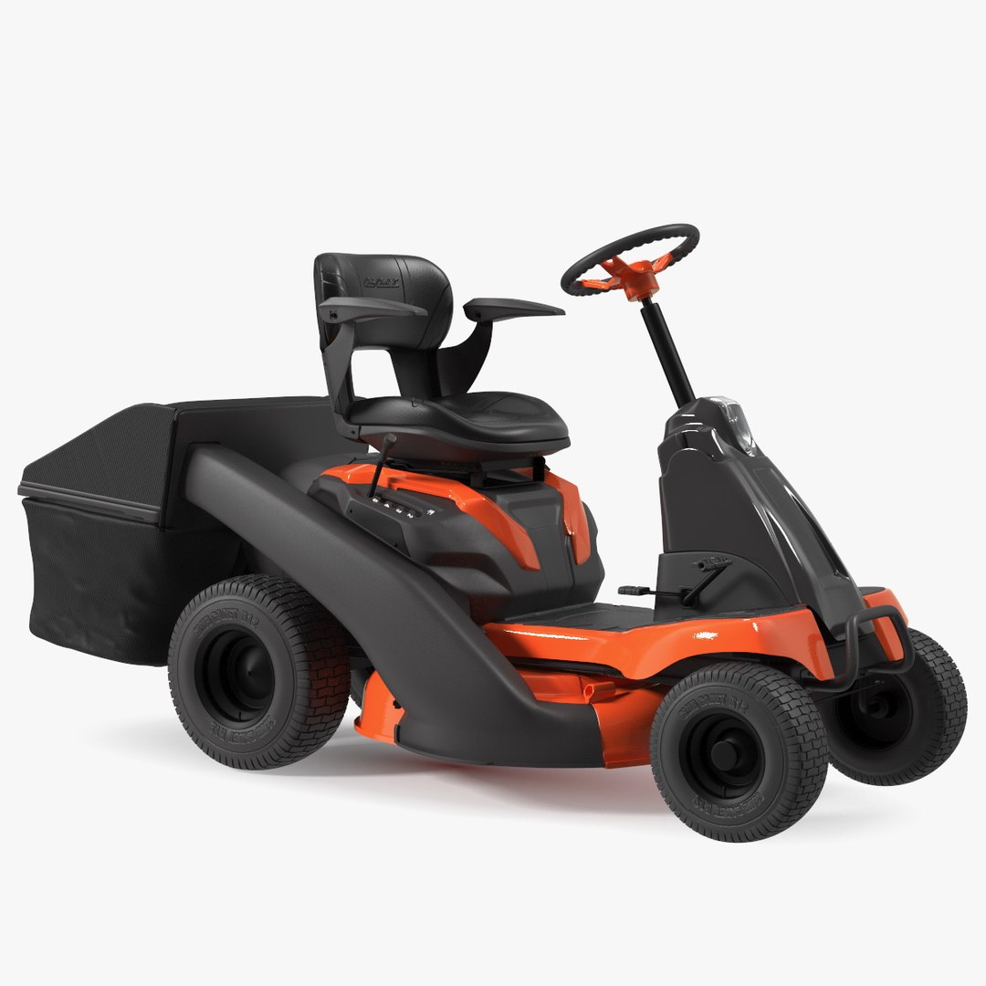 Electric Rider Lawn-Mower Orange with Grass Collection Bag 3D model for industrial visualization, technical presentation, simulation, product rendering, and animation
