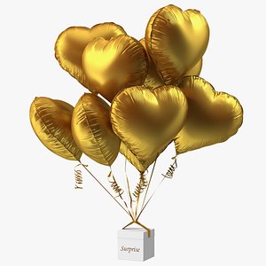 Bouquet of Matte Gold Heart Balloons with Gift Box 3D model