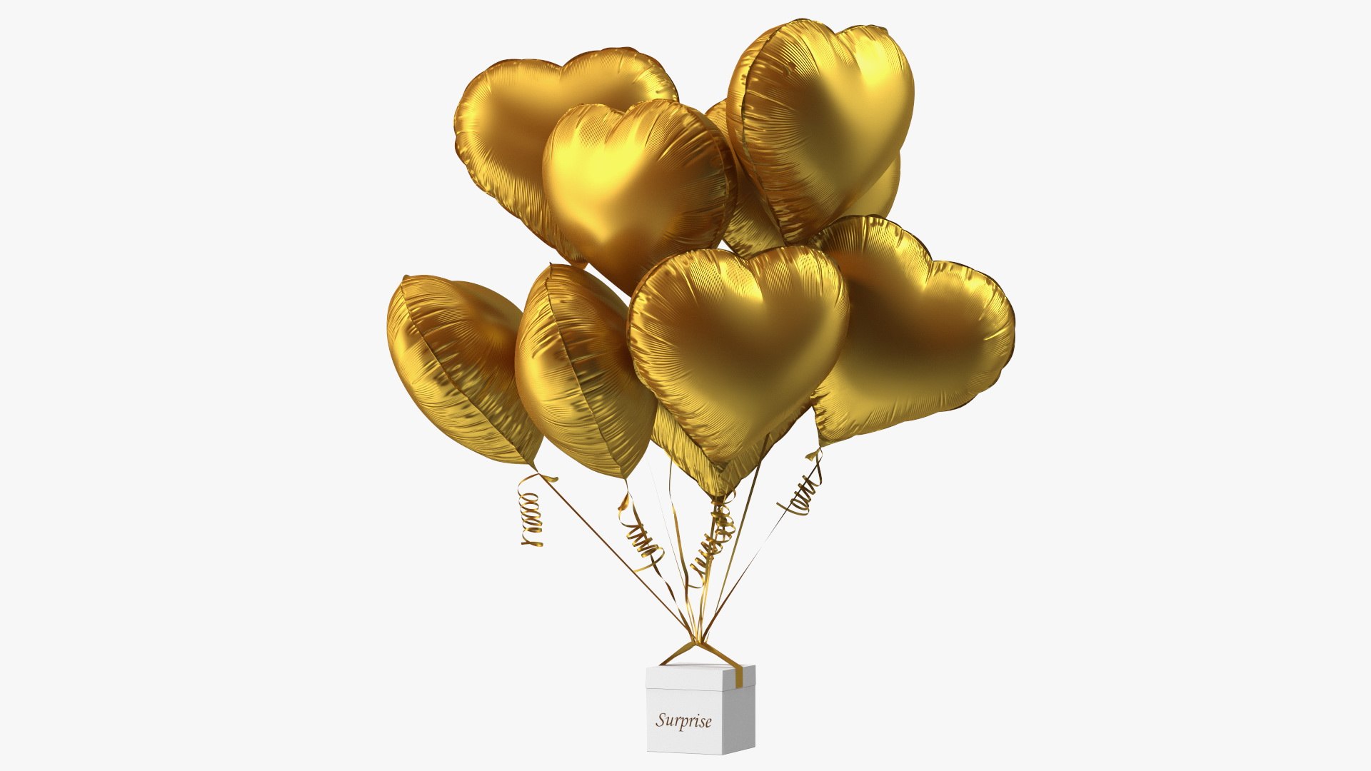 Bouquet of Matte Gold Heart Balloons with Gift Box 3D model preview