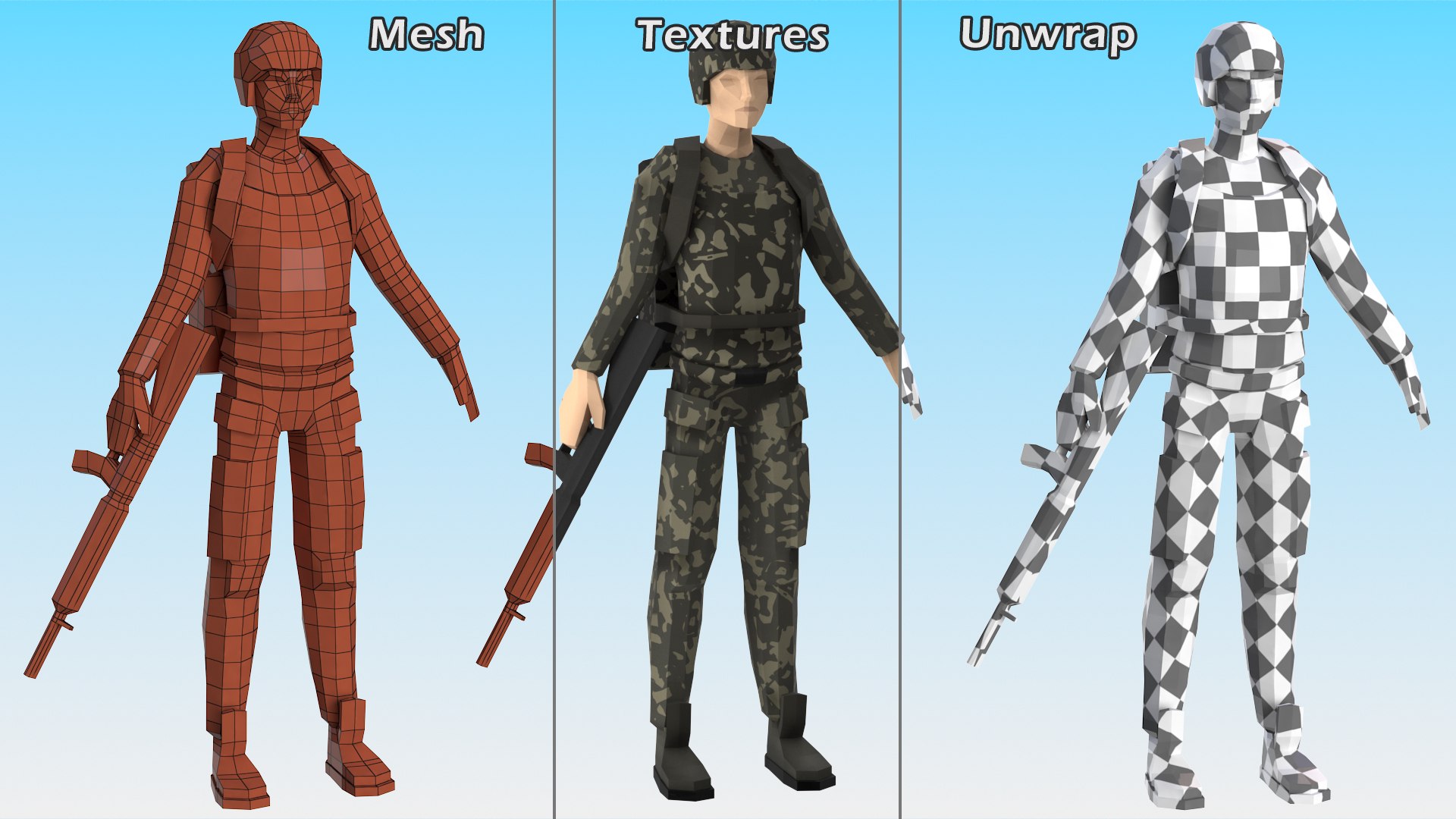 Low Poly Soldier 3D model https://p.turbosquid.com/ts-thumb/4B/7YQbir/9X/lowpolysoldiervray3dmodel011/jpg/1706588472/1920x1080/fit_q87/fbcbf1b9ee860a7640bfa1ee71e8a58f51fc09f6/lowpolysoldiervray3dmodel011.jpg
