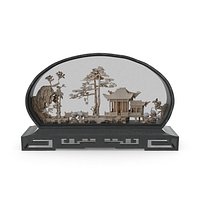 Vintage Asian Carved Cork Diorama Shadow Box