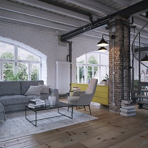 High Realistic vintage Industrial Loft Apartment with Brick walls and Arc Windows 3D model