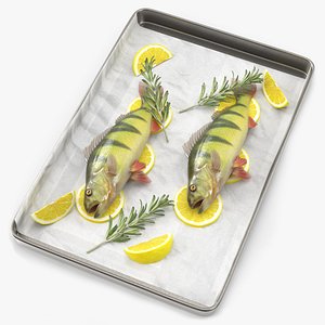 Fresh Yellow Perch with Lemon and Rosemary on Baking Tray