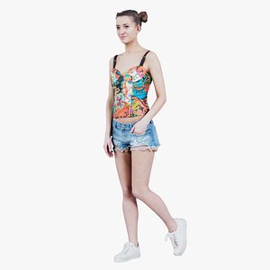 3D Woman in Flower Top Sneakers and Jeans Posing 3 Remastered model