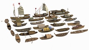 3D Chinese style wooden boat cruise ship fishing boat wooden boat model