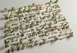3D Modern Outdoor Public Bench Tree Planter Seat Landscape Furniture 3D Model