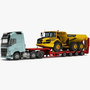 Volvo FH and Articulated Dump Truck VOLVO A25G on Lowboy Trailer