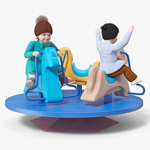 Boy and Girl Riding Carousel Fur