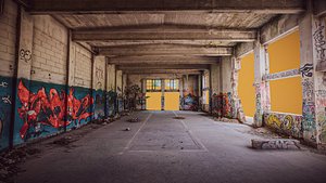 3D Large abandoned hall with graffiti and devastated skatepark model