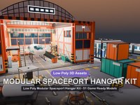 Low Poly Modular Spaceport Hangar Kit - 51 Game Ready Models