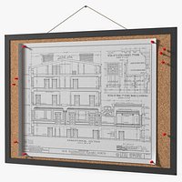 Cork Board with Blueprint and Push Pins