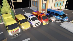 3D model LowPoly French Service Vehicles Vinci SMUR Police Pompier Poste Low-poly 3D model