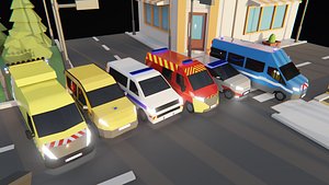 LowPoly French Service Vehicles Vinci SMUR Police Pompier Poste Low-poly 3D model