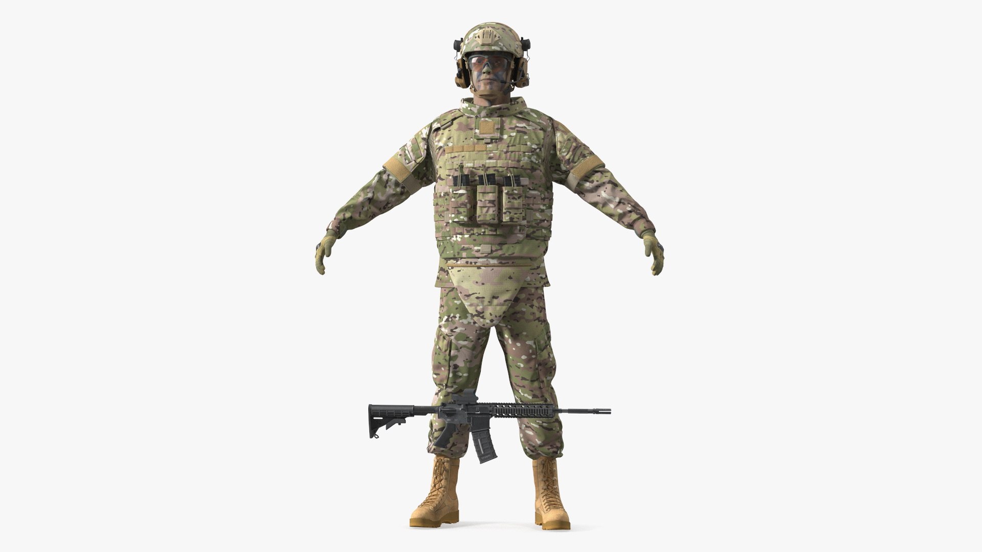 Soldier in Green Tactical Gear and Rifle A-pose 3D model preview
