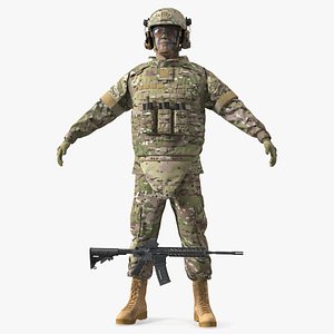 3D Soldier in Green Tactical Gear and Rifle A-pose model