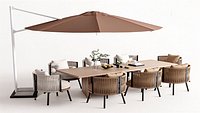 Modern Outdoor Rattan Dining Set with 8 Cushioned Chairs Rectangular Table and Umbrella