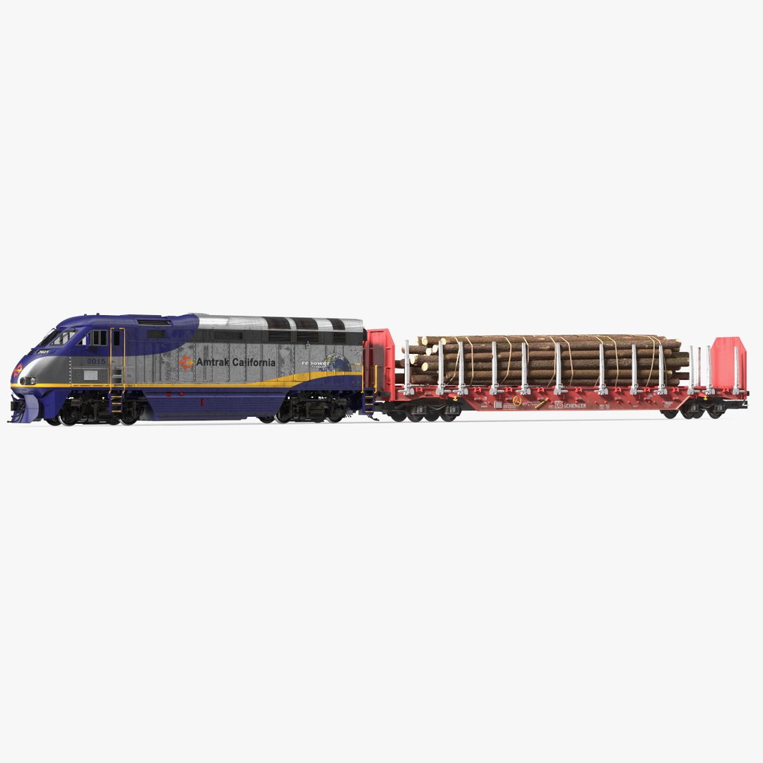 Diesel Electric Locomotive with Stake Wagon with Logs 3D model preview