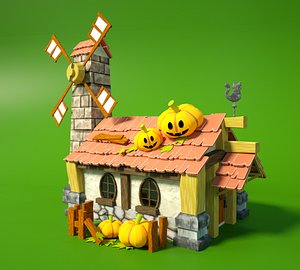 Cartoon Fantasy Wooden Halloween House with Interior