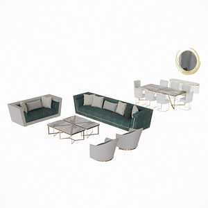 Living Sofa Set Dining Table Set White Gold 3D