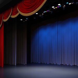 Theatre concert stage with ferm projectors and classic curtain 3D model