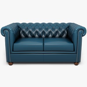 Chesterfield Loveseat Leather Sofa Blue