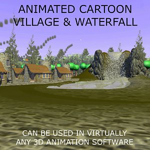 cartoon village waterfall animations 3d model