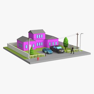 Low Poly Suburban House with Two Cars and Garden 3D model