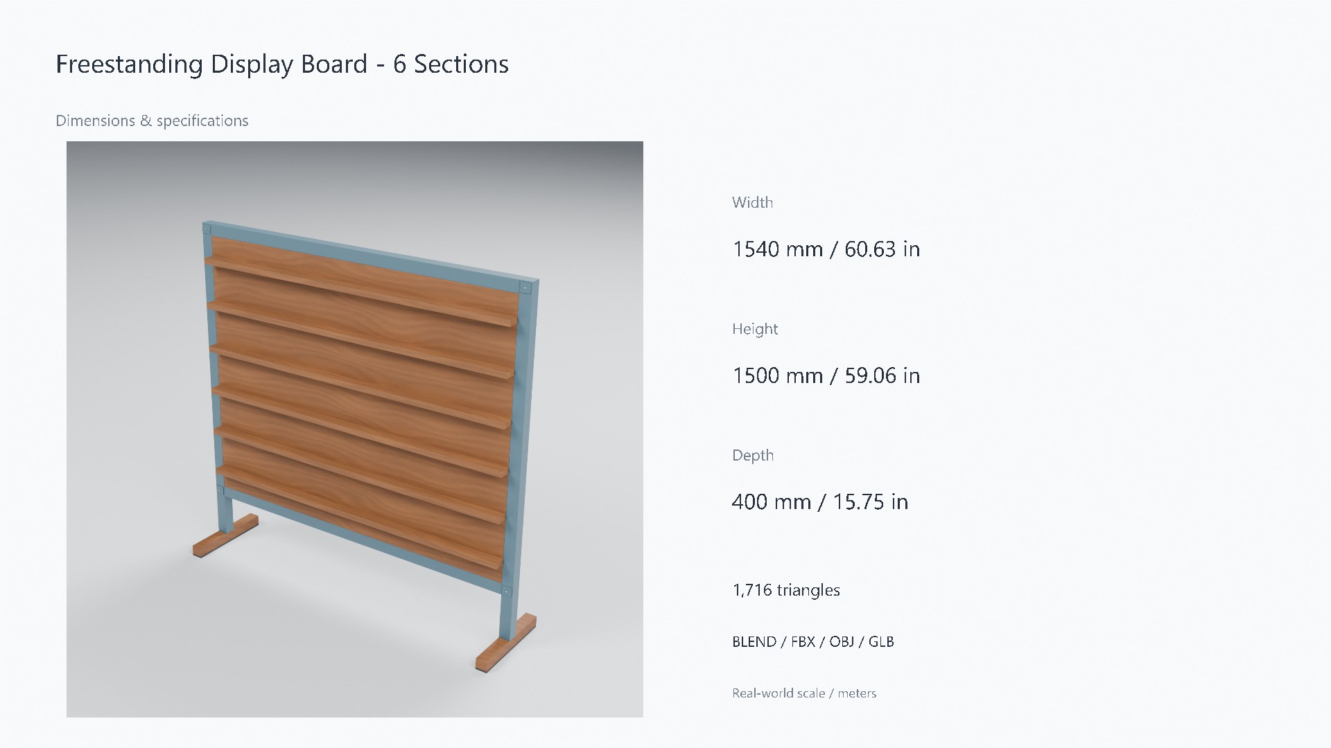 3D Wood and Steel Display Board with Plain Ledges - 1540 x 400 x 1500 mm model https://p.turbosquid.com/ts-thumb/4U/Ls7e2a/IG/07_dimensions/jpg/1788944972/1920x1080/fit_q87/045a5f359a917c41b5a3cca52182292f9e56f097/07_dimensions.jpg