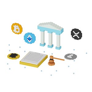 Animated Cryptocurrency set 8 bit 3D voxel art low poly animated model
