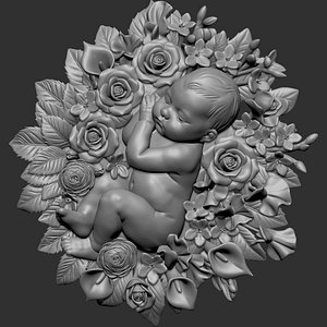 3D model sleeping baby nestled inside an intricate floral