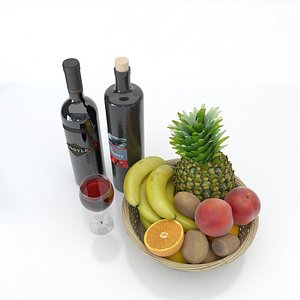 3D bottle red wine glass