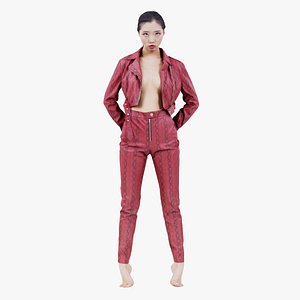 3D model Asian Woman Wearing Red Leather Snake Print Outfit 026 Remastered