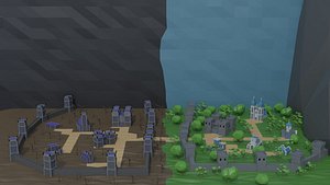3D Low-poly cartoon medieval dark fantasy city asset