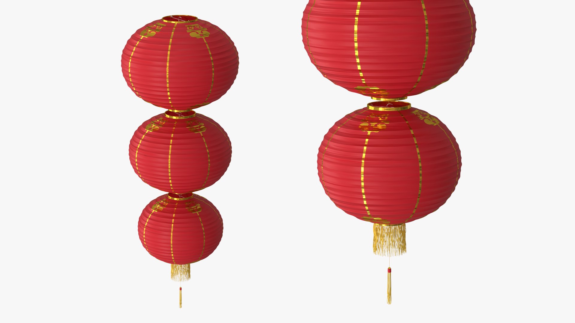 Decoration Chinese Lantern Trio Hanging Red Gold 3D model preview