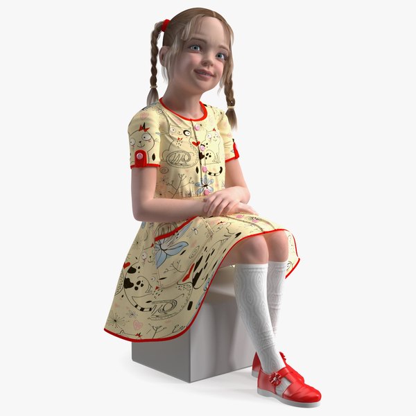 3D Sitting Child Girl Everyday Style