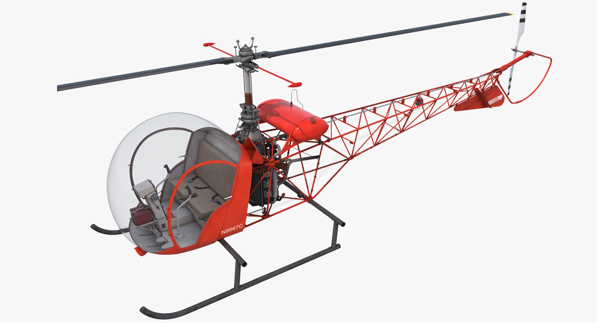 Light Helicopter Bell 47 Red 3D Model 3D model preview