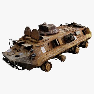 Destroyed BTR-80 burnt down wheeled amphibious armoured personnel carrier