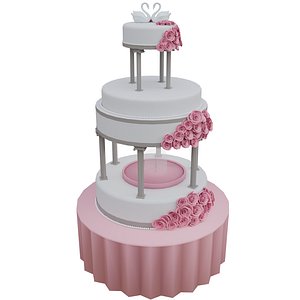 3D Wedding Cake Model Romantic Tiered Dessert with Roses Swans