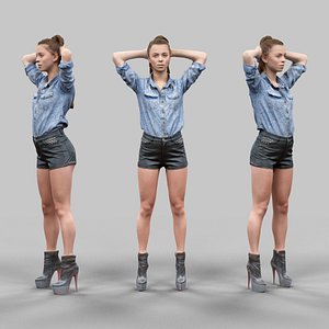 Hands behind head girl in leather shorts