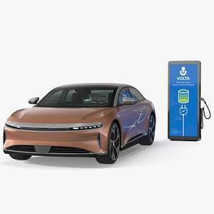 Electric Car Charging Station and Lucid Air 2021 Rigged 3D