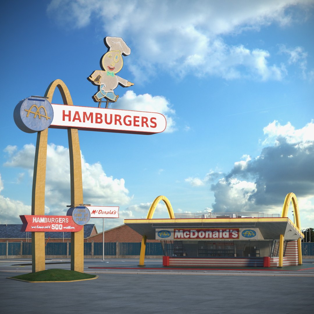 Retro McDonalds Drive-In Restaurant with Golden Arches 3D model preview