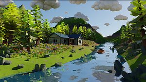 3D Mountain House River Scene 3D model