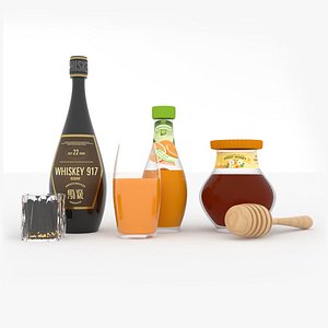 Bottle of whiskey juice and jar of honey 3D