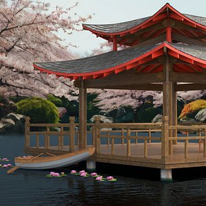 Japanese Gazebo on Water with Lotus Flowers and Boat 3D model