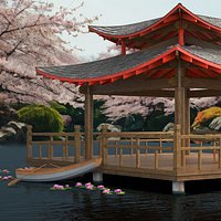 Japanese Gazebo on Water with Lotus Flowers and Boat