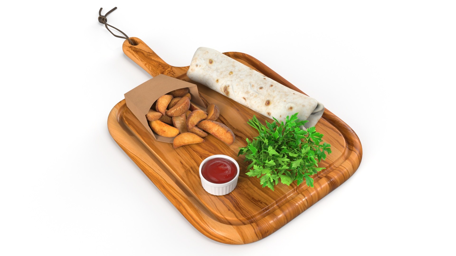 Wrap with Potato Wedges and Greens 3D model for industrial visualization, technical presentation, simulation, product rendering, and animation