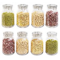 Kitchen glass jars set with beans chickpeas lentils and mung