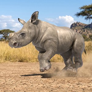 Rhinoceros Calf Running Animated Fur Rigged For Blender