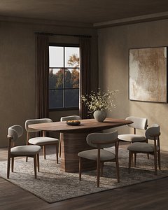 Mid Century Solid Wood Oval Dining Table  Upholstered Chairs Dining Set 3D model