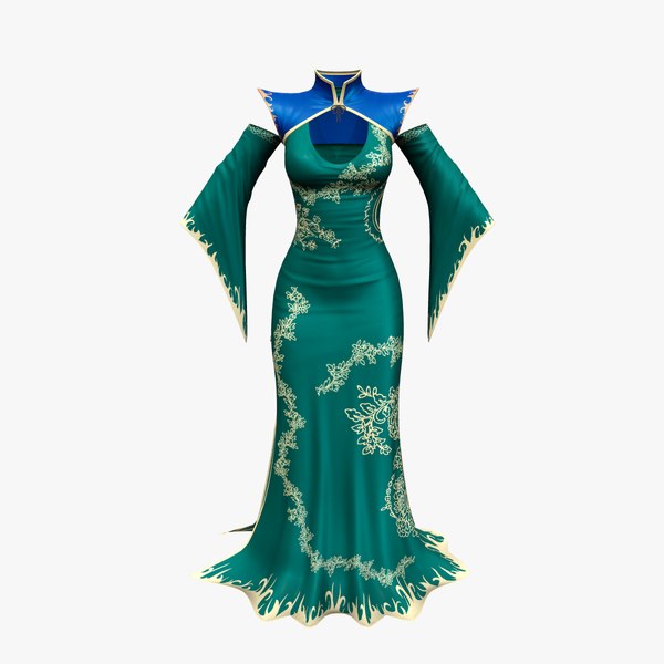 Royal Green Blue Gold Gild Long Gown Dress 3D